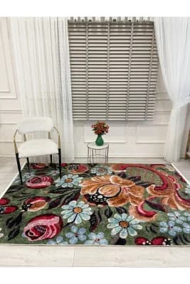 Yeşil Çiçek Desenli Floral Lateks Taban Halı