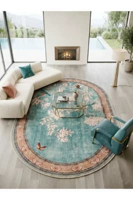 Soft Mavi Kuş Desenli Lateks Taban Oval Halı
