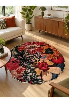Floral Çiçek Desenli Scalloped Kesim Lateks Taban Salon Antre Halı
