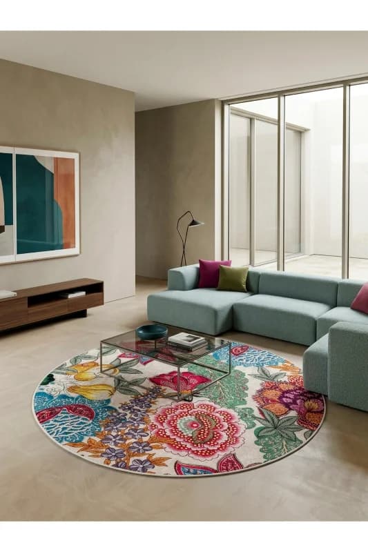 Floral Çiçek Desenli Lateks Taban Salon Antre Halı