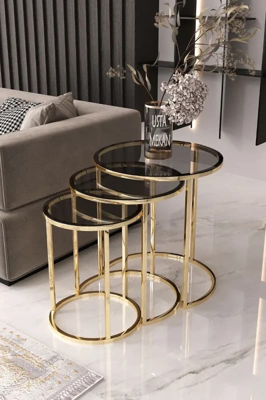 Usta Mekan Gold Metal Füme Cam 3 Lü Zigon Sehpa Gold - Füme