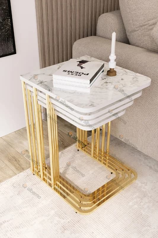 Usta Mekan Orkide Tekerlekli 4 Lü Zigon Sehpa Gold- Beyaz Mermer Mdf Ekru