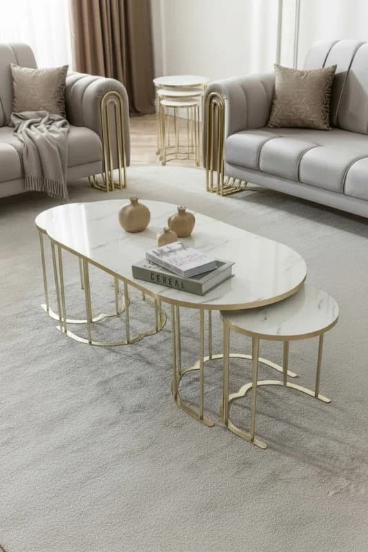 Usta Mekan Lotus Gold Marmo Lak Panel 2+1 Orta Sehpa Krem