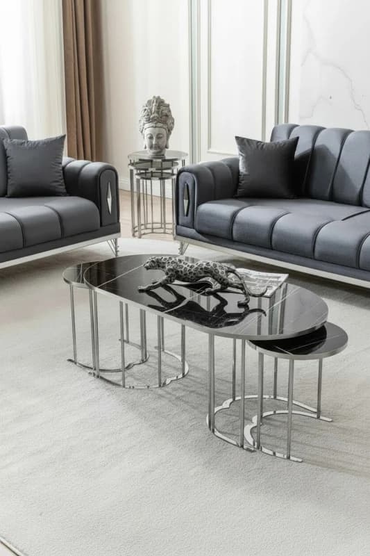 Usta Mekan Lotus Gümüş Sonata Lak Panel 2+1 Orta Sehpa + Zigon Sehpa Seti