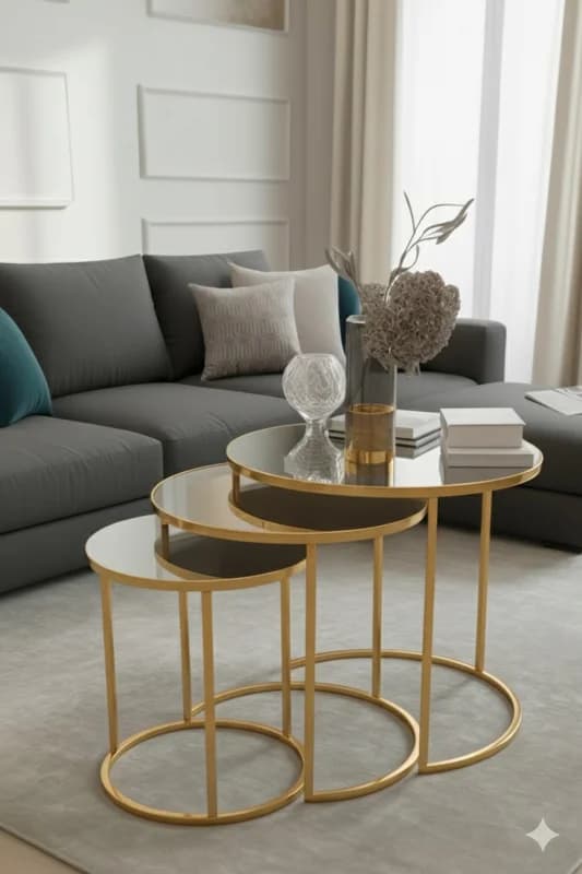 Usta Mekan Gold Metal Gümüş Düz Aynalı 3lü Zigon Sehpa Gold - Gümüş