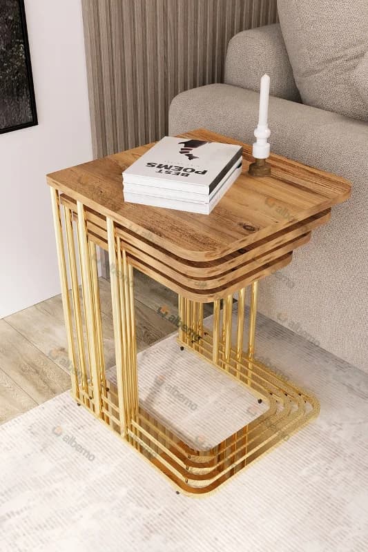 Usta Mekan Orkide Tekerlekli 4 Lü Zigon Sehpa Gold- Atlantik Çam Kahverengi