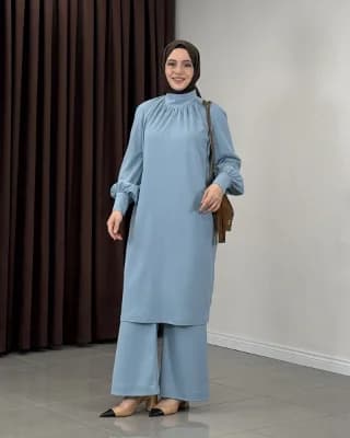 Yumurta Formlu Dik Yaka Takım Turkuaz