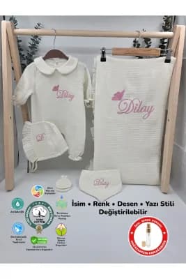 Yeni Doğan %100 Pamuk Müslin 4 Katlı Hastane Çıkış Seti (Hediyeli İsimli Nakış Desenli)
