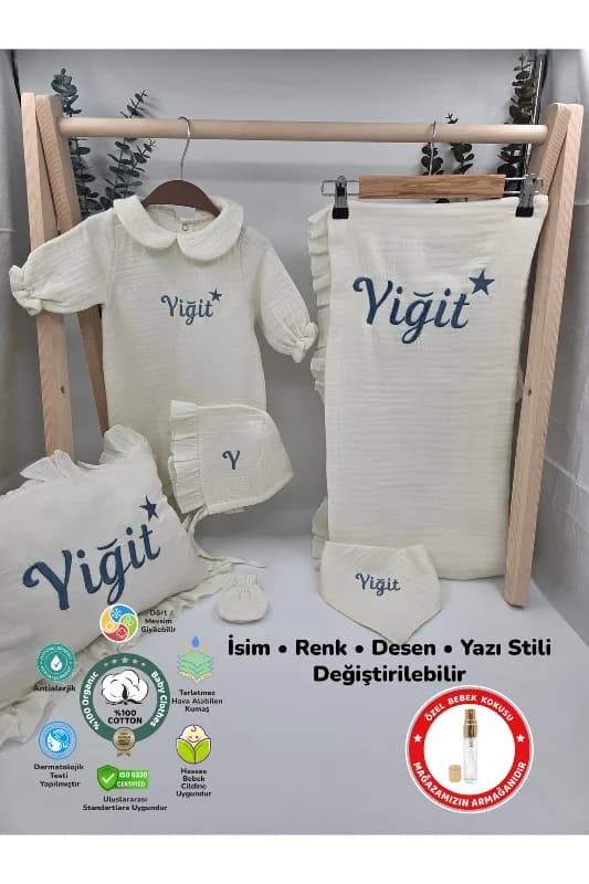 Yeni Doğan %100 Pamuk Müslin 4 Katlı Hastane Çıkış Seti (Hediyeli İsimli Nakış Desenli)