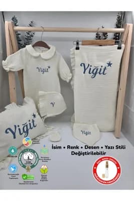 Yeni Doğan %100 Pamuk Müslin 4 Katlı Hastane Çıkış Seti (Hediyeli İsimli Nakış Desenli)