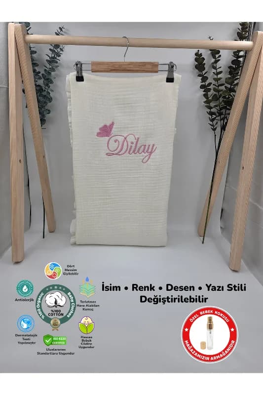 4 Katlı Müslin %100 Pamuk Çok Amaçlı Fırfırlı Bebek Battaniyesi (Hediyeli İsimli Nakış Desenli)