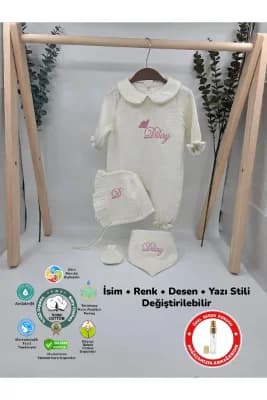 %100 Pamuk Müslin 4 Katlı Hastane Çıkış Seti (Hediyeli İsimli Nakış Desenli)
