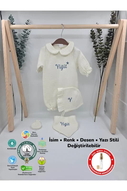 %100 Pamuk Müslin 4 Katlı Hastane Çıkış Seti (Hediyeli İsimli Nakış Desenli)
