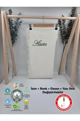 %100 Pamuk 4 Katlı Müslin Kumaş Püsküllü Battaniye (Hediyeli İsimli Nakış Desenli)