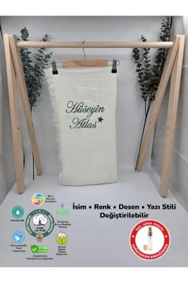 %100 Pamuk 4 Katlı Müslin Kumaş Püsküllü Battaniye (Hediyeli İsimli Nakış Desenli)