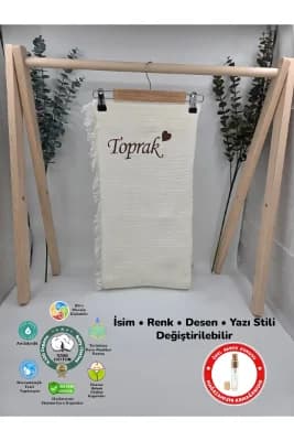 %100 Pamuk 4 Katlı Müslin Kumaş Püsküllü Battaniye (Hediyeli İsimli Nakış Desenli)