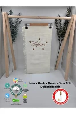 %100 Pamuk 4 Katlı Müslin Kumaş Püsküllü Battaniye (Hediyeli İsimli Nakış Desenli)