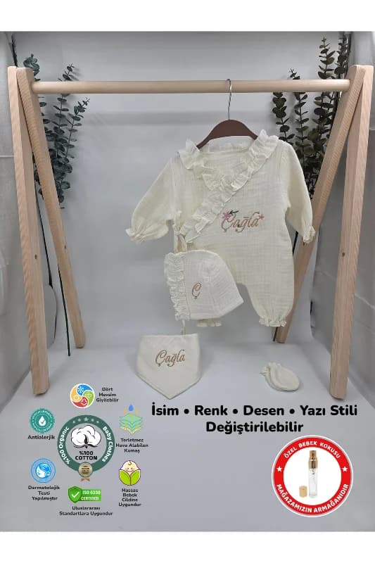 %100 Pamuk Müslin 4 Katlı Hastane Çıkış Seti (Hediyeli İsimli Nakış Desenli)