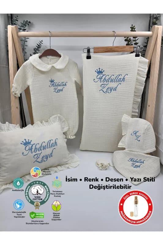 Yeni Doğan %100 Pamuk Müslin 4 Katlı Hastane Çıkış Seti (Hediyeli İsimli Nakış Desenli)