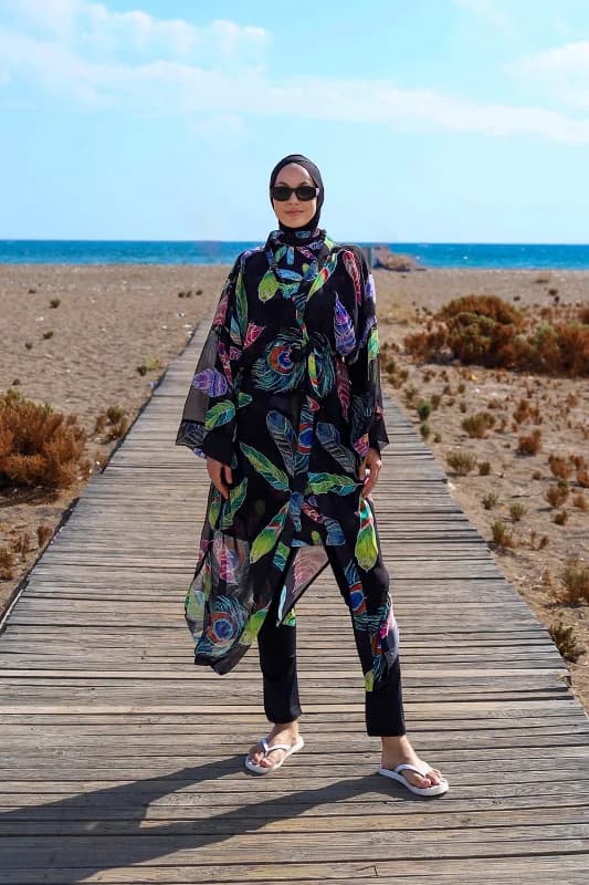 Remsa Tesettür Mayo Üzerine Tek Kaftan Kimono Pareo RP004C Yeşil Tavus Kuşu