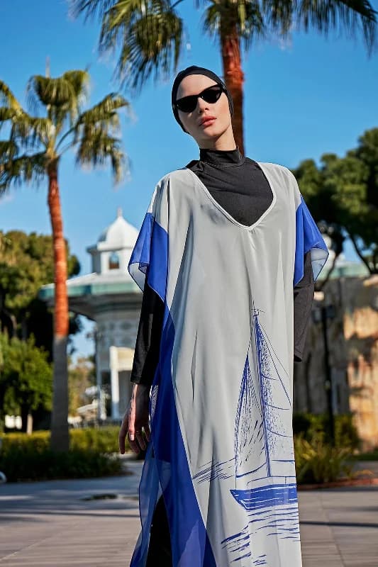 Remsa Tesettür Mayo Üzerine Tasarım Tek Kaftan Pareo RDP003 Yelkenli