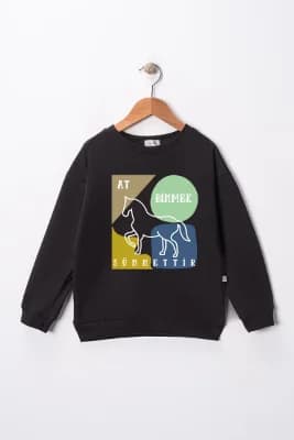 Kız Çocuk "At Binmek Sünnettir" Baskılı Pamuklu Sweat