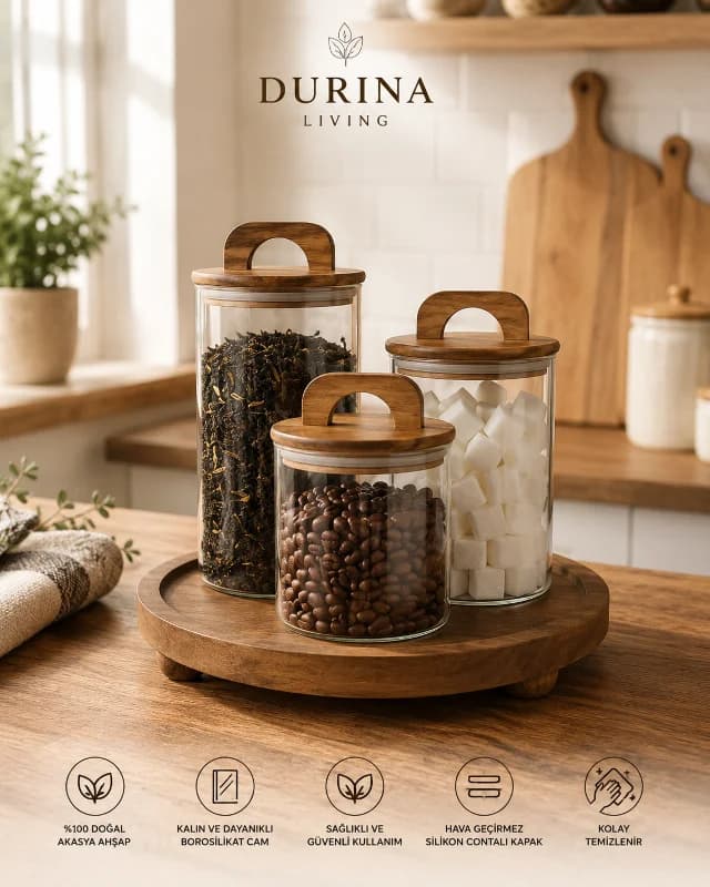 Yuvarlak Standlı Akasya Kapak 3lü Cam Saklama Kavanozu