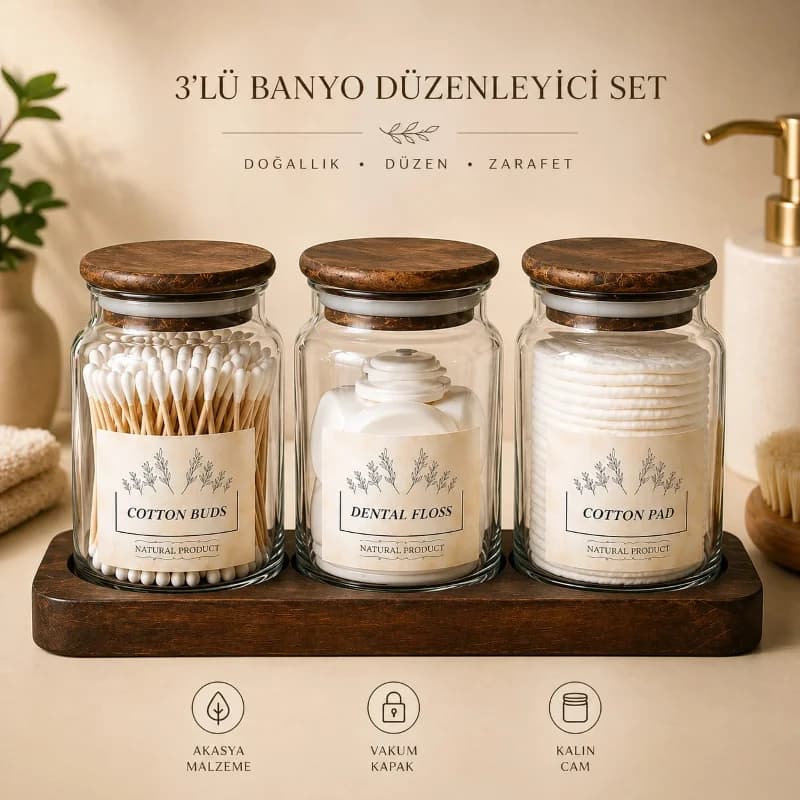 3lü Standlı Akasya Banyo Düzenleyici Pamuk-Makyaj Pedi-Diş ipi Organizer