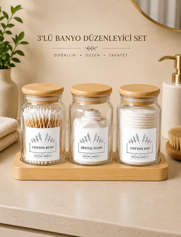 3’lü Bambu Kapaklı Banyo Düzenleyici Set – Pamuk, Diş İpi, Kulak Çubuğu Organizer