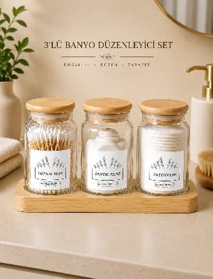 3’lü Bambu Kapaklı Banyo Düzenleyici Set – Pamuk, Diş İpi, Kulak Çubuğu Organizer