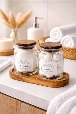 Akasya Ahşap Standlı 2’li Banyo Düzenleyici Set – Pamuk, Diş İpi ve Kulak Çubuğu Organizer