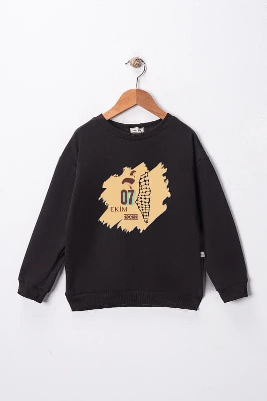 Çocuk "7 Ekim Gazze" Baskılı Pamuklu Sweat