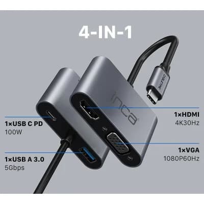 INCA ITPC-06T TYPE-C HUB X4 HDMI 4K@30 Hz+ VGA+ USB 3.0+PD 100W ALUMINYUM KASA ÇOKLAYICI