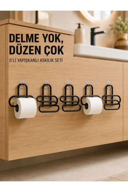 Siyah Metal Tuvalet Kağıdı Tutucu 5’li Set Yapışkanlı Duvar Tipi Banyo WC Askısı