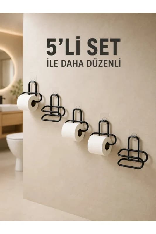 Yapışkanlı Tuvalet Kağıdı Askısı Siyah Metal Delmeden Montaj WC Kağıtlık 5 Adet