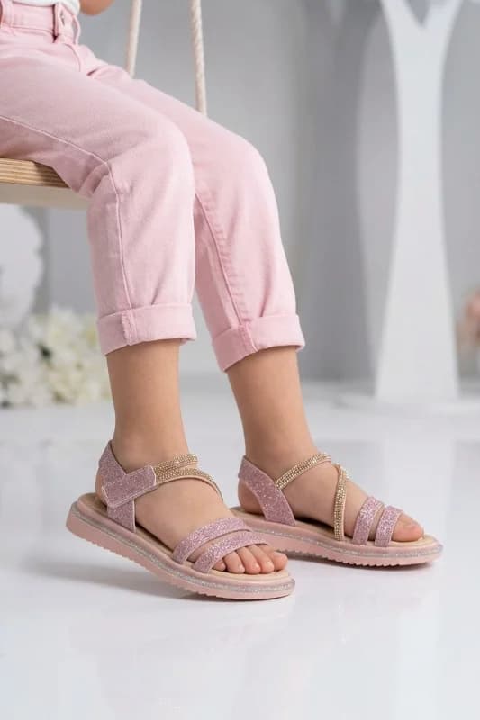 Pudra Simli Kız Çocuk Düz Sandalet