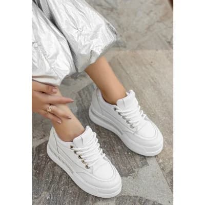 Pabucmarketi Beyaz Suni Deri Bağcıklı Kadın Sneaker Ayakkabı