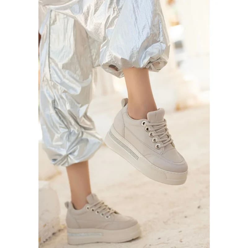 Pabucmarketi Bej Suni Deri Bağcıklı Kadın Sneaker Ayakkabı