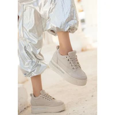 Pabucmarketi Bej Suni Deri Bağcıklı Kadın Sneaker Ayakkabı
