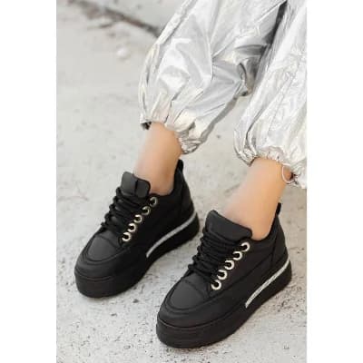 Pabucmarketi Siyah Suni Deri Bağcıklı Kadın Sneaker Ayakkabı