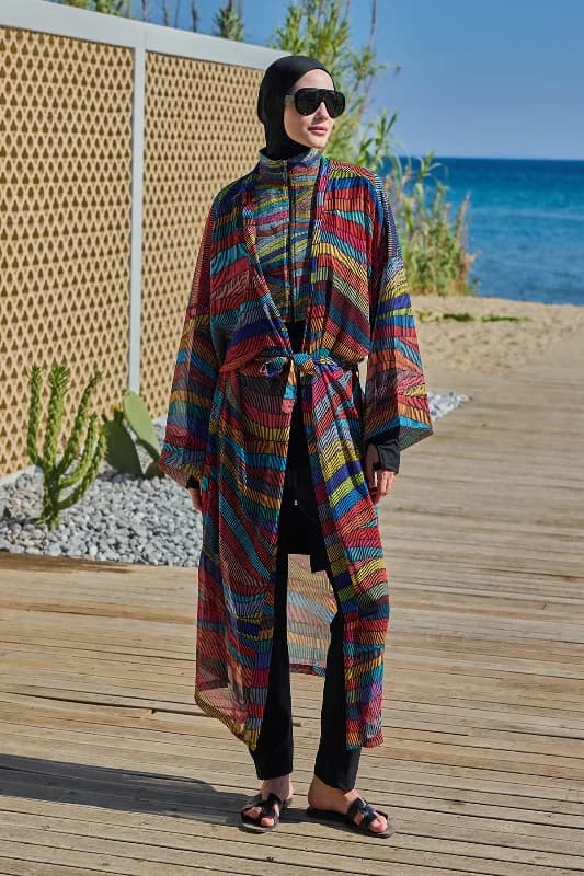 Remsa Tesettür Mayo Üzerine Tek Kaftan Kimono Pareo Siyah03 RP022 Puket