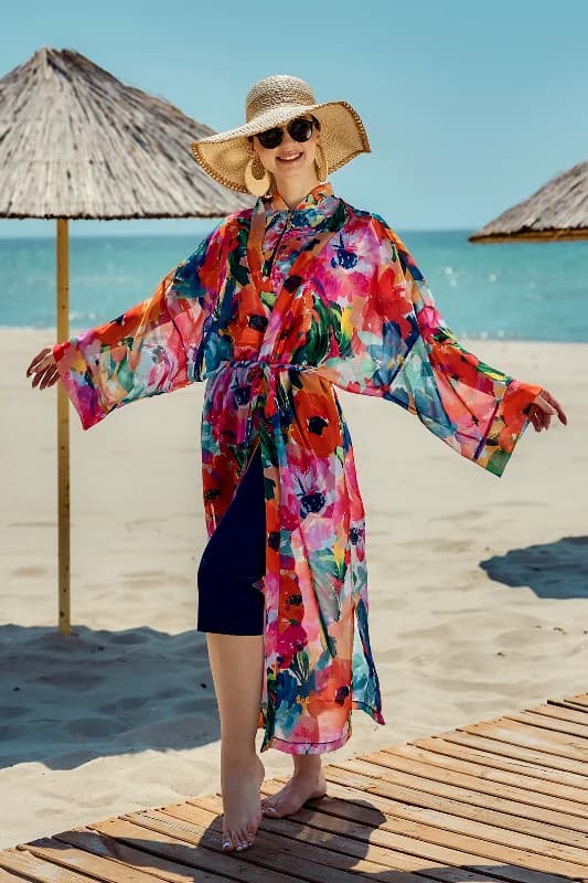 Remsa Tesettür Mayo Üzerine Tek Kaftan Kimono Pareo Lacivert02 RP030 Flowers