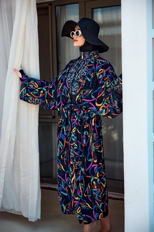 Remsa Tesettür Mayo Üzerine Tek Kaftan Kimono Pareo Siyah04 RP035 Yağmur