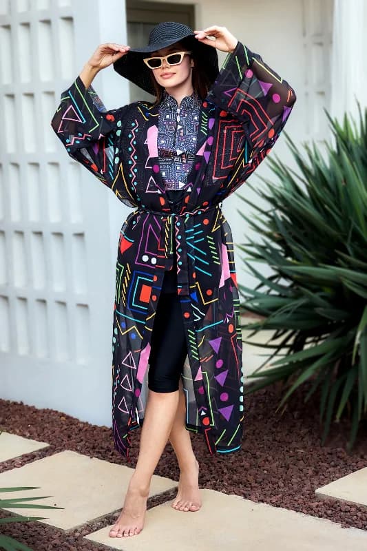 Remsa Tesettür Mayo Üzerine Tek Kaftan Kimono Pareo Siyah01 RP025 Canan
