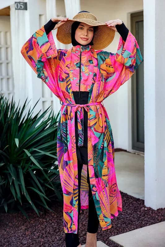 Remsa Tesettür Mayo Üzerine Tek Kaftan Kimono Pareo Pembe02 RP023 Color Shell
