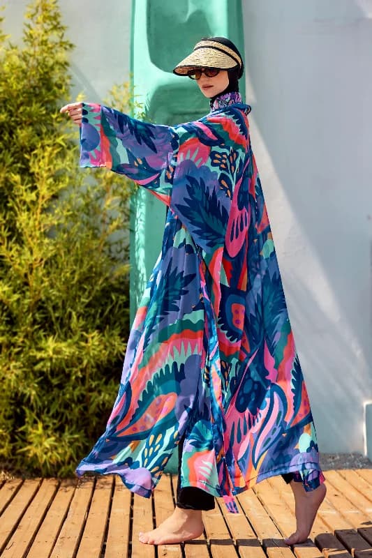 Remsa Tesettür Mayo Üzerine Tek Kaftan Kimono Pareo Mor RP028 Morika