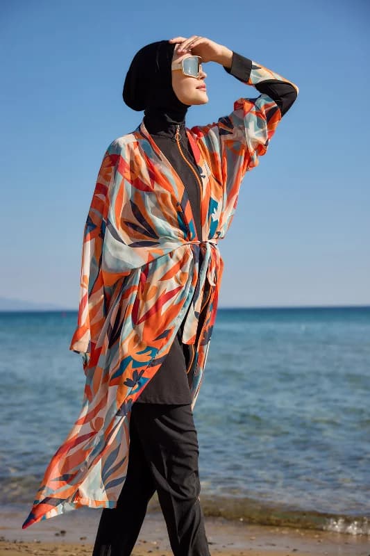 Remsa Tesettür Mayo Üzerine Tek Kaftan Kimono Pareo Turuncu RP027 Lotus