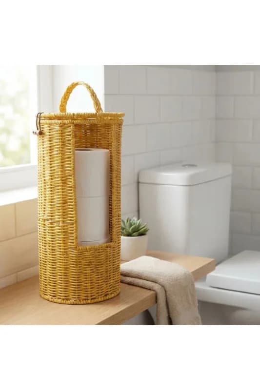 Askılı Plastik Rattan Tuvalet Kâğıdı Standı – Hasır Görünümlü, Kapaklı, Yedekli WC Kâğıtlık, Banyo v
