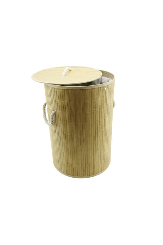 Yuvarlak Bambu Ahşap Kirli Çamaşır Sepeti 35X60CM Seyyar Kapaklı İçi Bezli İp Kulplu