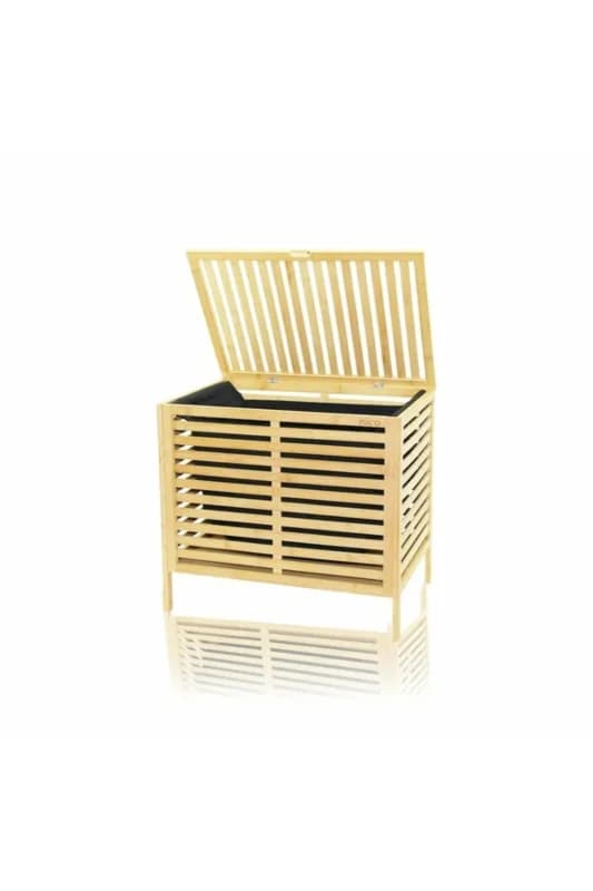 Kalın Ahşap Bambu Kirli Çamaşır Sepeti Siyah Kumaş Çantalı SEPET=50X38X55CM